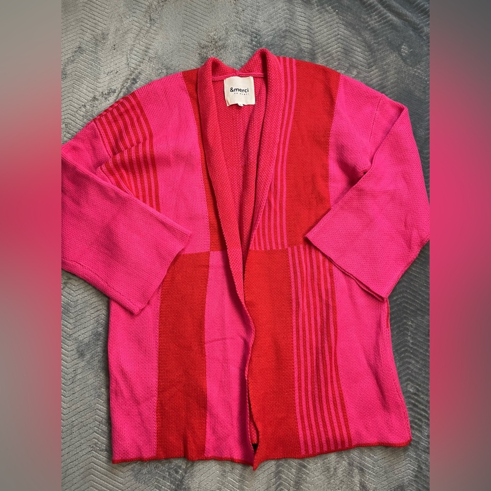 &Merci Valentines Bright Pink Red Colorblock Oversized Cardigan Sweater Medium